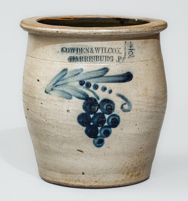 COWDEN & WILCOX / HARRISBURG, PA One-and-a-Half-Gallon Stoneware Jar w/ Cobalt Grapes Decoration