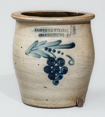 COWDEN & WILCOX / HARRISBURG, PA One-and-a-Half-Gallon Stoneware Jar w/ Cobalt Grapes Decoration