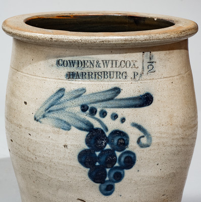 COWDEN & WILCOX / HARRISBURG, PA One-and-a-Half-Gallon Stoneware Jar w/ Cobalt Grapes Decoration