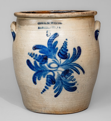 COWDEN & WILCOX / HARRISBURG, PA Five-Gallon Stoneware Jar w/ Elaborate Cobalt Floral Decoration