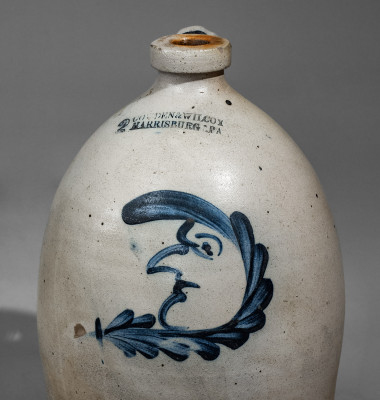 Scarce and Fine Two-Gallon Stoneware Jug with Cobalt Man-in-the-Moon Decoration, Stamped 