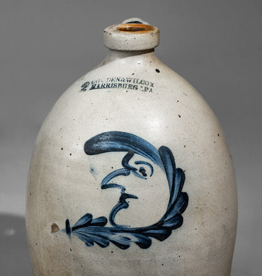 Fine COWDEN & WILCOX / HARRISBURG, PA Stoneware Jug w/ Cobalt Man-in-the-Moon Decoration
