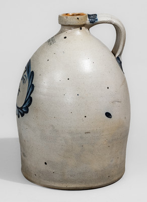 Fine COWDEN & WILCOX / HARRISBURG, PA Stoneware Jug w/ Cobalt Man-in-the-Moon Decoration