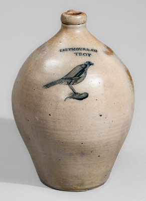 I. SEYMOUR &. CO / TROY, NY Two-Gallon Stoneware Jug w/ Incised Bird Decoration, c1823-28