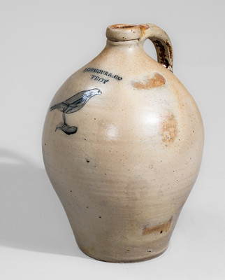 I. SEYMOUR &. CO / TROY, NY Two-Gallon Stoneware Jug w/ Incised Bird Decoration, c1823-28
