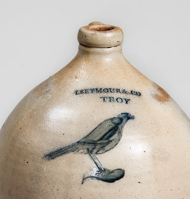 I. SEYMOUR &. CO / TROY, NY Two-Gallon Stoneware Jug w/ Incised Bird Decoration, c1823-28