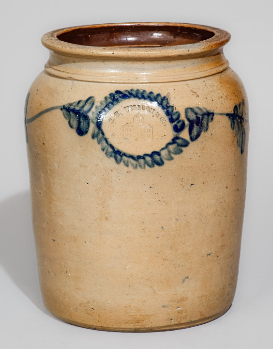 Extremely Rare One-Gallon Stoneware Jar with Cobalt Floral Decoration and Impressed Capitol Building, Stamped 