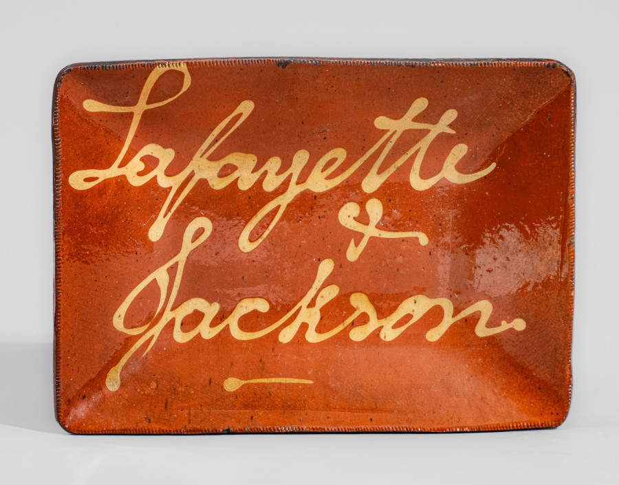 Exceedingly Rare Slip-Decorated Redware Loaf Dish, Inscribed 