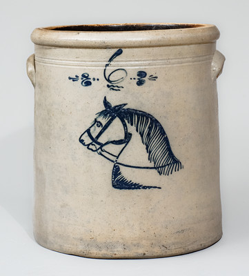 Rare and Fine Six-Gallon Ohio Stoneware Crock w/ Cobalt Horse Head Decoration, c1875