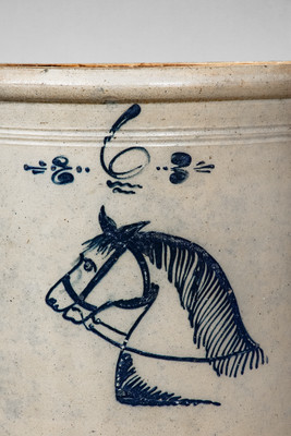 Rare and Fine Six-Gallon Ohio Stoneware Crock w/ Cobalt Horse Head Decoration, c1875