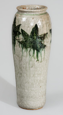 Rare Alkaline-Glazed Stoneware Vase w/ Green-Slip Maple Leaf Decoration, attrib. Arie Meaders, c1956-69