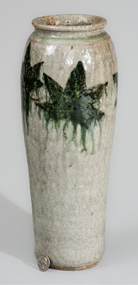 Rare Alkaline-Glazed Stoneware Vase w/ Green-Slip Maple Leaf Decoration, attrib. Arie Meaders, c1956-69