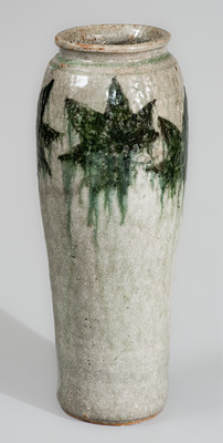 Rare Alkaline-Glazed Stoneware Vase w/ Green-Slip Maple Leaf Decoration, attrib. Arie Meaders, c1956-69