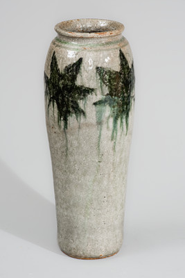 Rare Alkaline-Glazed Stoneware Vase w/ Green-Slip Maple Leaf Decoration, attrib. Arie Meaders, c1956-69