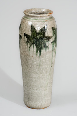 Rare Alkaline-Glazed Stoneware Vase w/ Green-Slip Maple Leaf Decoration, attrib. Arie Meaders, c1956-69