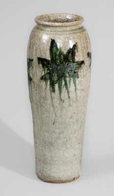 Rare Alkaline-Glazed Stoneware Vase w/ Green-Slip Maple Leaf Decoration, attrib. Arie Meaders, c1956-69