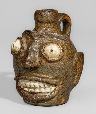 Rare and Fine Small-Sized Edgefield District, South Carolina Stoneware Face Jug w/ Kaolin Eyes and Teeth