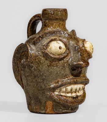 Rare and Fine Small-Sized Edgefield District, South Carolina Stoneware Face Jug w/ Kaolin Eyes and Teeth
