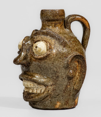 Rare and Fine Small-Sized Edgefield District, South Carolina Stoneware Face Jug w/ Kaolin Eyes and Teeth