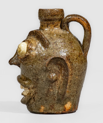 Rare and Fine Small-Sized Edgefield District, South Carolina Stoneware Face Jug w/ Kaolin Eyes and Teeth