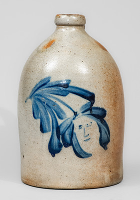 Very Rare One-Gallon Stoneware Jug w/ Cobalt Face-Within-Flower Decoration, attrib. M. & T. Miller, Newport, PA