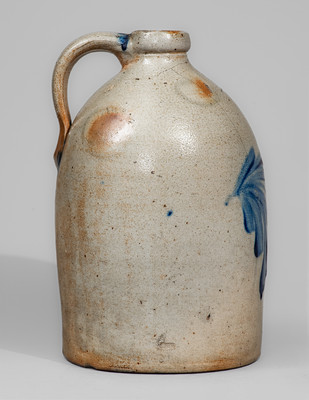 Very Rare One-Gallon Stoneware Jug w/ Cobalt Face-Within-Flower Decoration, attrib. M. & T. Miller, Newport, PA