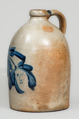 Very Rare One-Gallon Stoneware Jug w/ Cobalt Face-Within-Flower Decoration, attrib. M. & T. Miller, Newport, PA