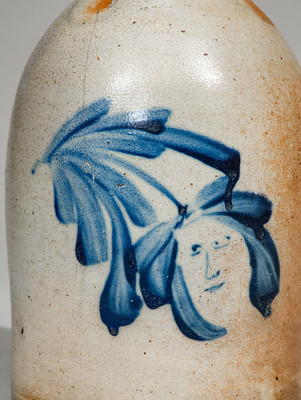 Very Rare One-Gallon Stoneware Jug w/ Cobalt Face-Within-Flower Decoration, attrib. M. & T. Miller, Newport, PA