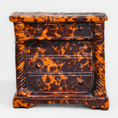 Manganese-Decorated Redware Dresser Bank, probably Pennsylvania