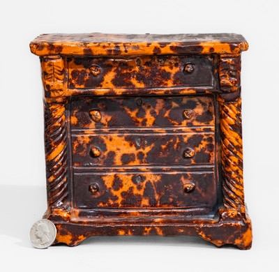 Manganese-Decorated Redware Dresser Bank, probably Pennsylvania