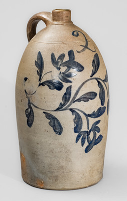 Beaver, PA Stoneware Jug w/ Elaborate Cobalt Floral Decoration, c1860