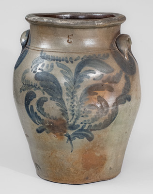 Five-Gallon Beaver, Pennsylvania Stoneware Jar w/ Elaborate Cobalt Foliate Decoration, c1860