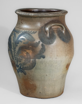 Five-Gallon Beaver, Pennsylvania Stoneware Jar w/ Elaborate Cobalt Foliate Decoration, c1860