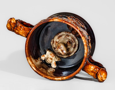 English Rockingham-Glazed Pottery Loving Cup w/ Applied Frogs and Snake, 19th century