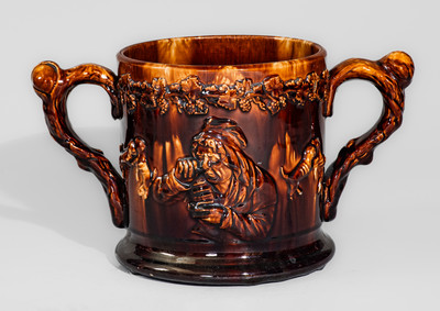 English Rockingham-Glazed Pottery Loving Cup w/ Applied Frogs and Snake, 19th century