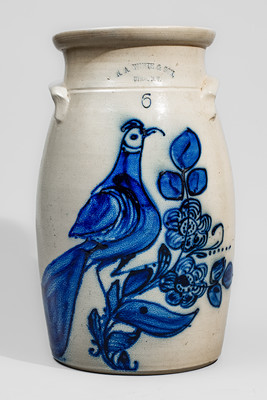 Exceptional N.A. WHITE & SON / UTICA, N.Y. Six-Gallon Churn w/ Elaborate Paddletail Bird