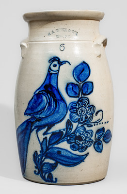 Exceptional N.A. WHITE & SON / UTICA, N.Y. Six-Gallon Churn w/ Elaborate Paddletail Bird