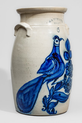 Exceptional N.A. WHITE & SON / UTICA, N.Y. Six-Gallon Churn w/ Elaborate Paddletail Bird