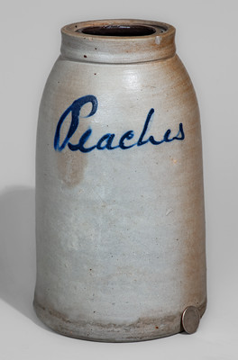 Rare "Peaches" Stoneware Handled Canning Jar, probably Thompson Pottery, Morgantown, WV