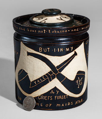 Rare Yale University Stoneware Tobacco Jar w/ Elaborate Carved Decoration and Inscriptions, "Feb. 10th 1896"