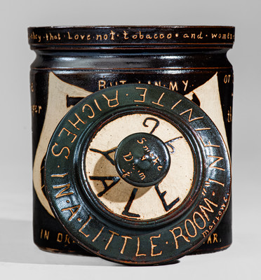 Rare Yale University Stoneware Tobacco Jar w/ Elaborate Carved Decoration and Inscriptions, "Feb. 10th 1896"