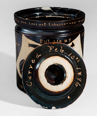 Rare Yale University Stoneware Tobacco Jar w/ Elaborate Carved Decoration and Inscriptions, "Feb. 10th 1896"
