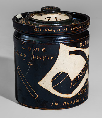 Rare Yale University Stoneware Tobacco Jar w/ Elaborate Carved Decoration and Inscriptions, "Feb. 10th 1896"