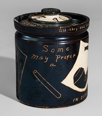 Rare Yale University Stoneware Tobacco Jar w/ Elaborate Carved Decoration and Inscriptions, "Feb. 10th 1896"