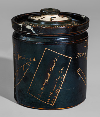 Rare Yale University Stoneware Tobacco Jar w/ Elaborate Carved Decoration and Inscriptions, "Feb. 10th 1896"