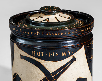 Rare Yale University Stoneware Tobacco Jar w/ Elaborate Carved Decoration and Inscriptions, "Feb. 10th 1896"