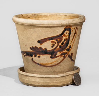 Small-Sized Tanware Flowerpot w/ Albany Slip Bird Decoration, Fort Edward, NY origin