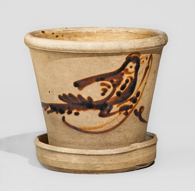 Small-Sized Tanware Flowerpot w/ Albany Slip Bird Decoration, Fort Edward, NY origin
