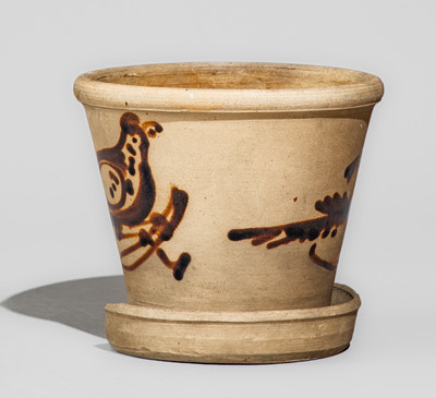 Small-Sized Tanware Flowerpot w/ Albany Slip Bird Decoration, Fort Edward, NY origin