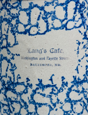 Unusual Spongeware Pitcher w/ Baltimore Advertising: "Lang's Cafe"